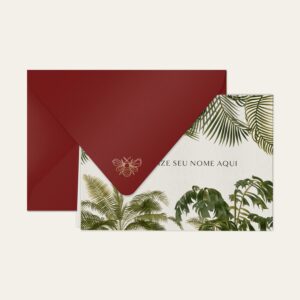 Papel de carta personalizado com ilustração de palmeiras e envelope bordo