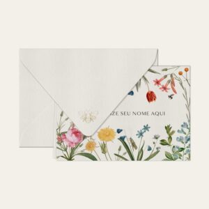 Papel de carta personalizado com ilustração de jardim de flores e envelope branco