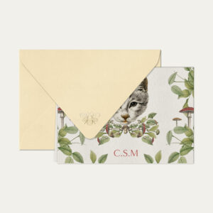 Papel de carta personalizado com ilustração de gatinho com cogumelo e envelope bege