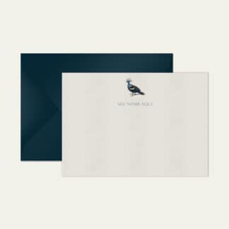 Papel de carta personalizado com ilustração de codorna e envelope azul marinho
