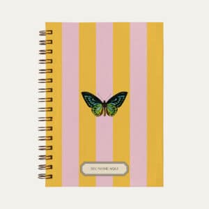 Planner personalizado A5 listras, amarelo e rosa com ilustração de borboleta