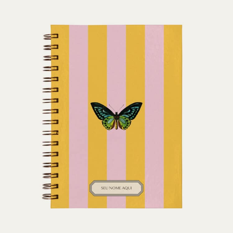 Planner personalizado A5 listras, amarelo e rosa com ilustração de borboleta