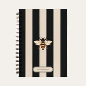 Planner personalizado A5 listrado, preto e branco com ilustração de abelha