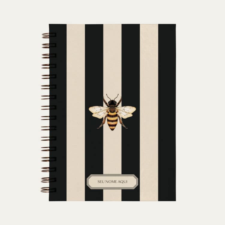 Planner personalizado A5 listrado, preto e branco com ilustração de abelha