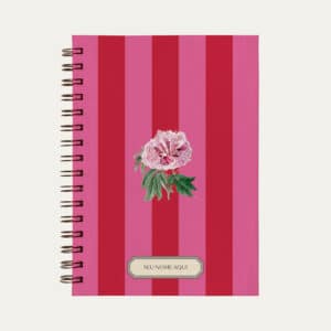 Planner personalizado A5 listrado, vermelho e rosa com ilustração de flor