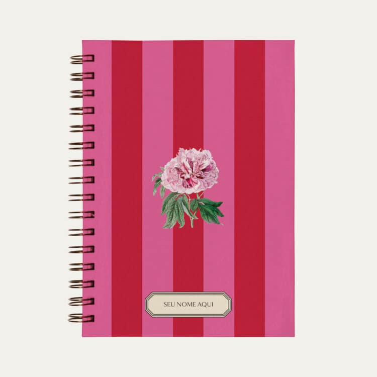 Planner personalizado A5 listrado, vermelho e rosa com ilustração de flor