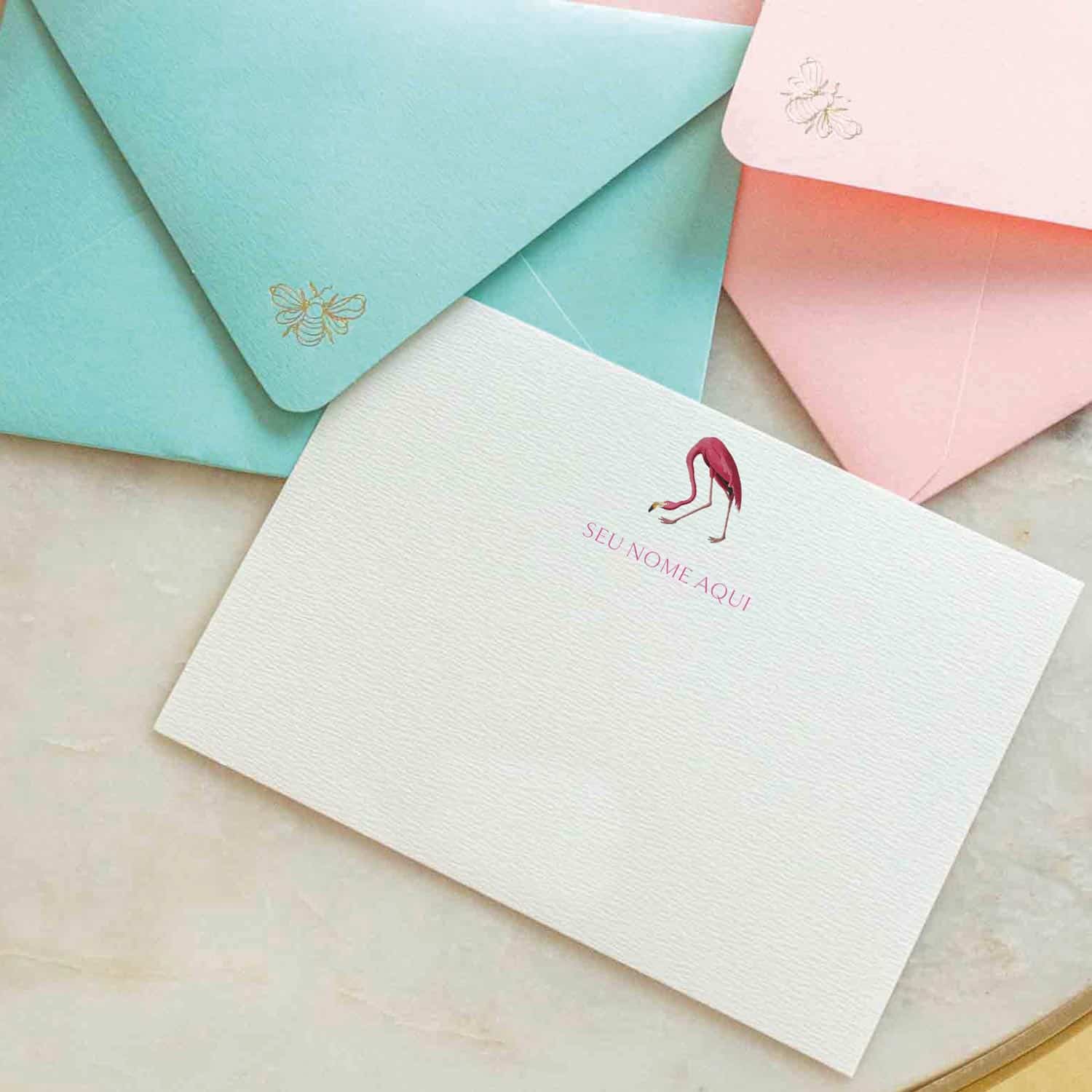 Cartao personalizado de flamingo com envelope colorido azul tiffany para papelaria personalizada e papel de carta