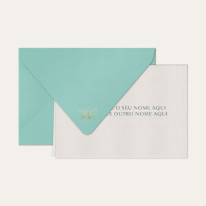 Papel de carta personalizado com nome casal em azul marinho e envelope azul tiffany