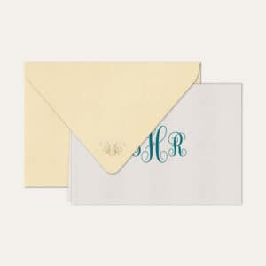 Papel de carta personalizado com monograma calligraphy em azul petróleo e envelope bege