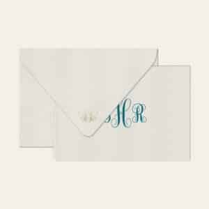 Papel de carta personalizado com monograma calligraphy em azul petróleo e envelope branco