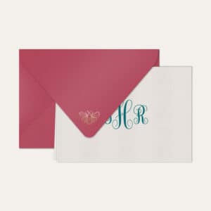 Papel de carta personalizado com monograma calligraphy em azul petróleo e envelope pink