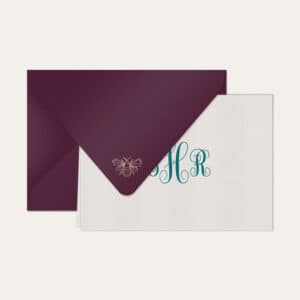 Papel de carta personalizado com monograma calligraphy em azul petróleo e envelope vinho