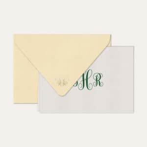 Papel de carta personalizado com monograma calligraphy em verde escuro e envelope bege