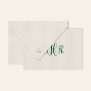 Papel de carta personalizado com monograma calligraphy em verde escuro e envelope branco