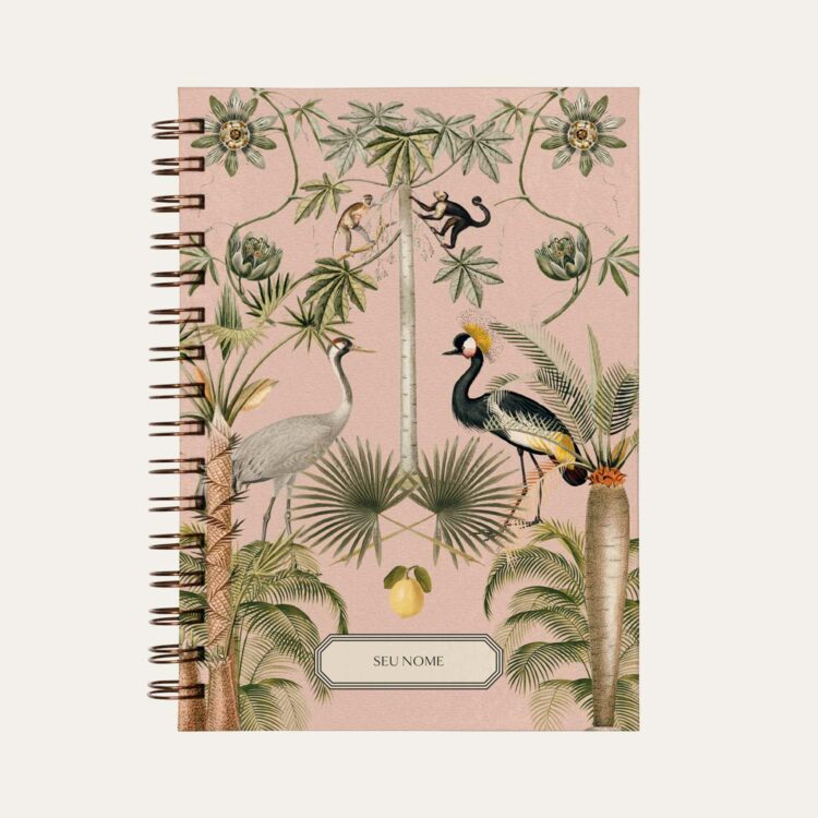 Caderno personalizado A5 cor de rosa, decorada com palmeiras, flores, macacos, limão siciliano e grous