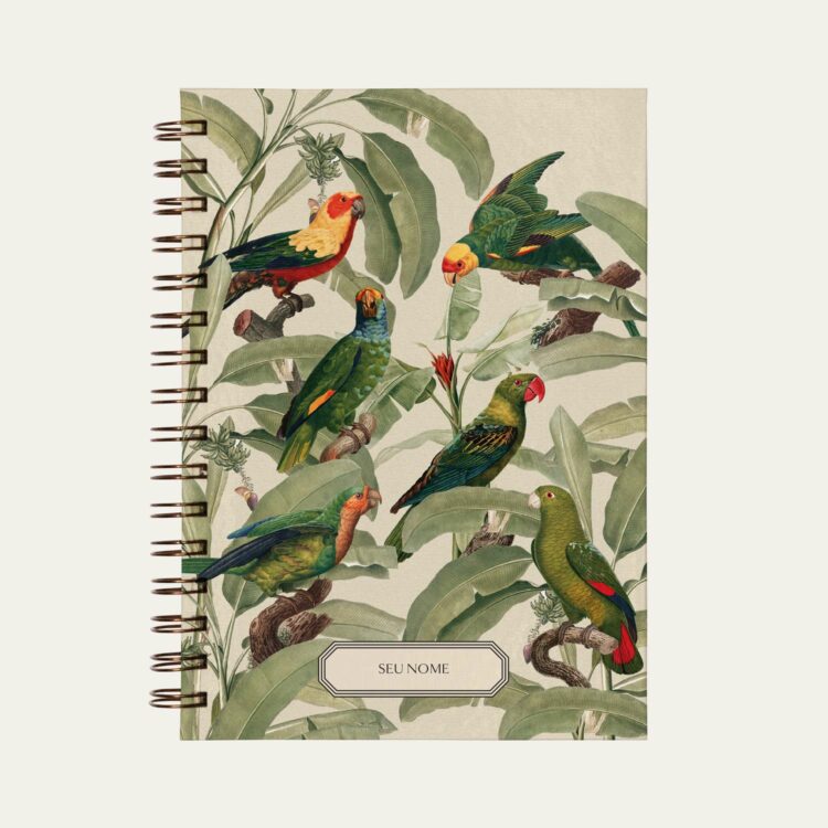 Caderno personalizado A5 cor de rosa, decorada com aves e palmeiras