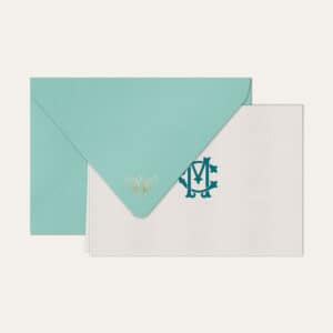 Papel de carta personalizado com monograma clássico em azul petróleo e envelope azul tiffany