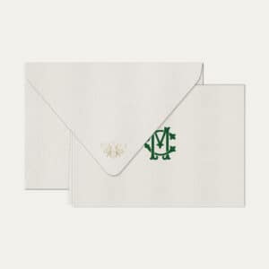 Papel de carta personalizado com monograma clássico em verde escuro e envelope branco