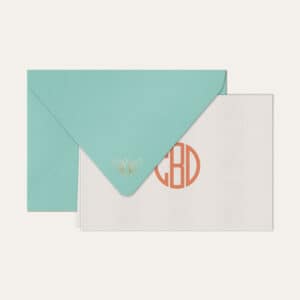 Papel de carta personalizado com monograma gatsby em coral e envelope azul tiffany