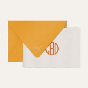 Papel de carta personalizado com monograma gatsby em laranja e envelope amarelo