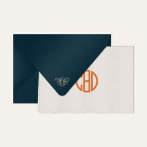 Papel de carta personalizado com monograma gatsby em laranja e envelope azul marinho