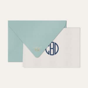 Papel de carta personalizado com monograma gatsby em azul marinho e envelope azul bebe