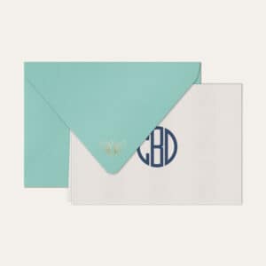 Papel de carta personalizado com monograma gatsby em azul marinho e envelope azul tiffany