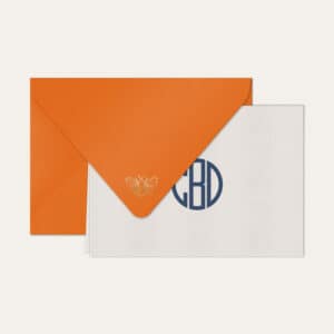 Papel de carta personalizado com monograma gatsby em azul marinho e envelope laranja