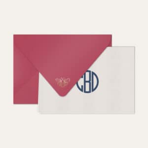 Papel de carta personalizado com monograma gatsby em azul marinho e envelope pink