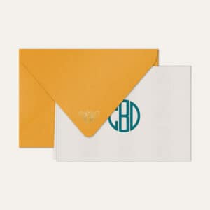 Papel de carta personalizado com monograma gatsby em azul petróleo e envelope amarelo