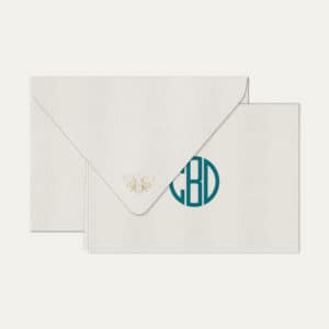 Papel de carta personalizado com monograma gatsby em azul petróleo e envelope branco