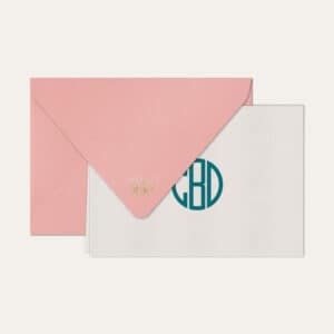 Papel de carta personalizado com monograma gatsby em azul petróleo e envelope rosa bebe