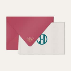 Papel de carta personalizado com monograma gatsby em azul petróleo e envelope pink