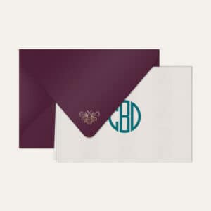 Papel de carta personalizado com monograma gatsby em azul petróleo e envelope vinho
