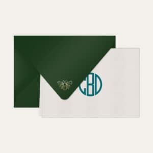 Papel de carta personalizado com monograma gatsby em azul petróleo e envelope verde escuro