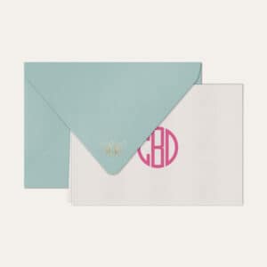 Papel de carta personalizado com monograma gatsby em pink e envelope azul bebe