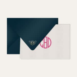 Papel de carta personalizado com monograma gatsby em pink e envelope azul marinho