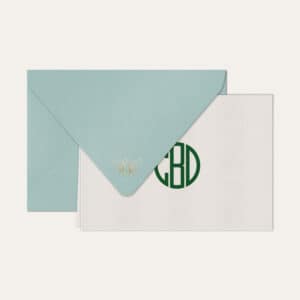 Papel de carta personalizado com monograma gatsby em verde escuro e envelope azul bebe