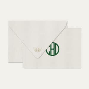 Papel de carta personalizado com monograma gatsby em verde escuro e envelope branco