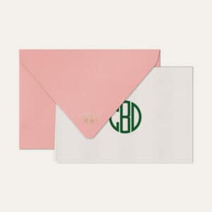 Papel de carta personalizado com monograma gatsby em verde escuro e envelope rosa bebe