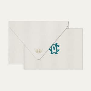 Papel de carta personalizado com monograma clássico em azul petróleo e envelope branco