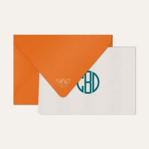 Papel de carta personalizado com monograma gatsby azul petróleo e envelope laranja