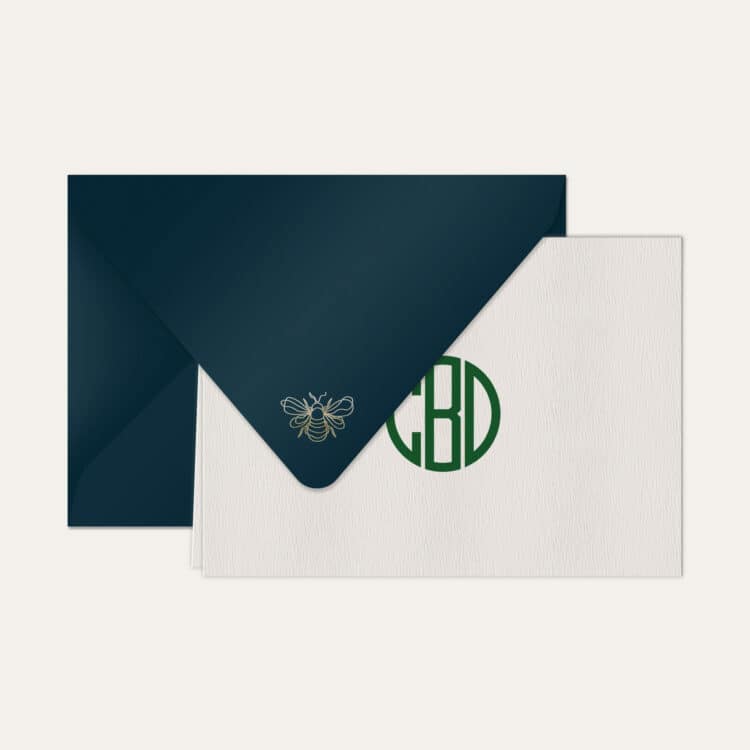 Papel de carta personalizado com monograma gatsby verde escuro e envelope azul marinho