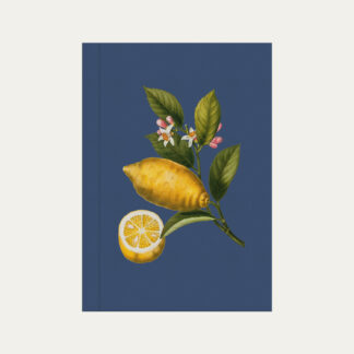 Caderno brochura azul marinho com ilustração de limão siciliano Colmeias Design