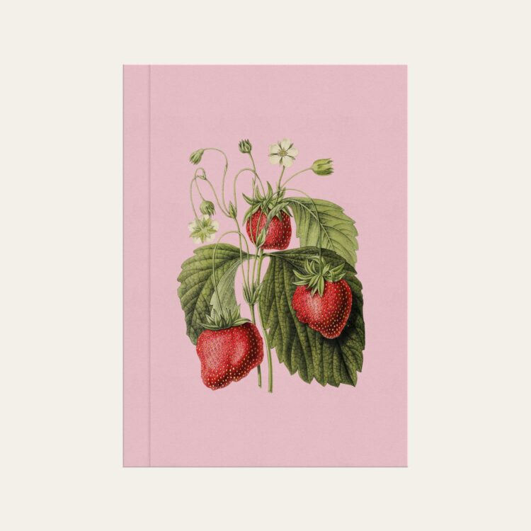 Caderno brochura rosa bebe com ilustração de morangos Colmeias Design