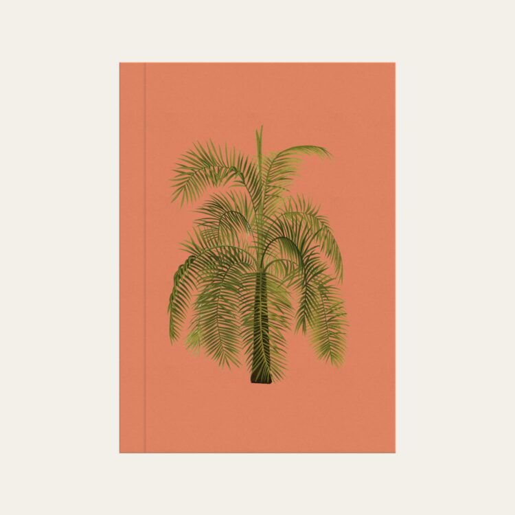 Caderno brochura coral com ilustração de palmeira Colmeias Design