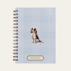 Planner personalizado com estampada xadrez azul bebe com ilustração de cachorro cavalier king charles Colmeias Design