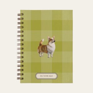 Planner personalizado com estampada xadrez verde com ilustração de cachorro corgi Colmeias Design