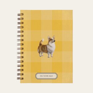 Planner personalizado com estampada xadrez amarelo com ilustração de cachorro corgi Colmeias Design