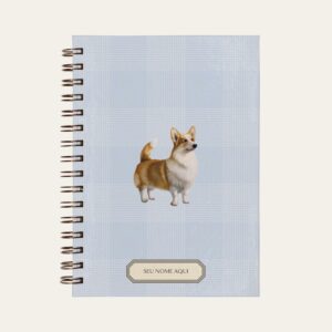 Planner personalizado com estampada xadrez azul bebe com ilustração de cachorro corgi Colmeias Design